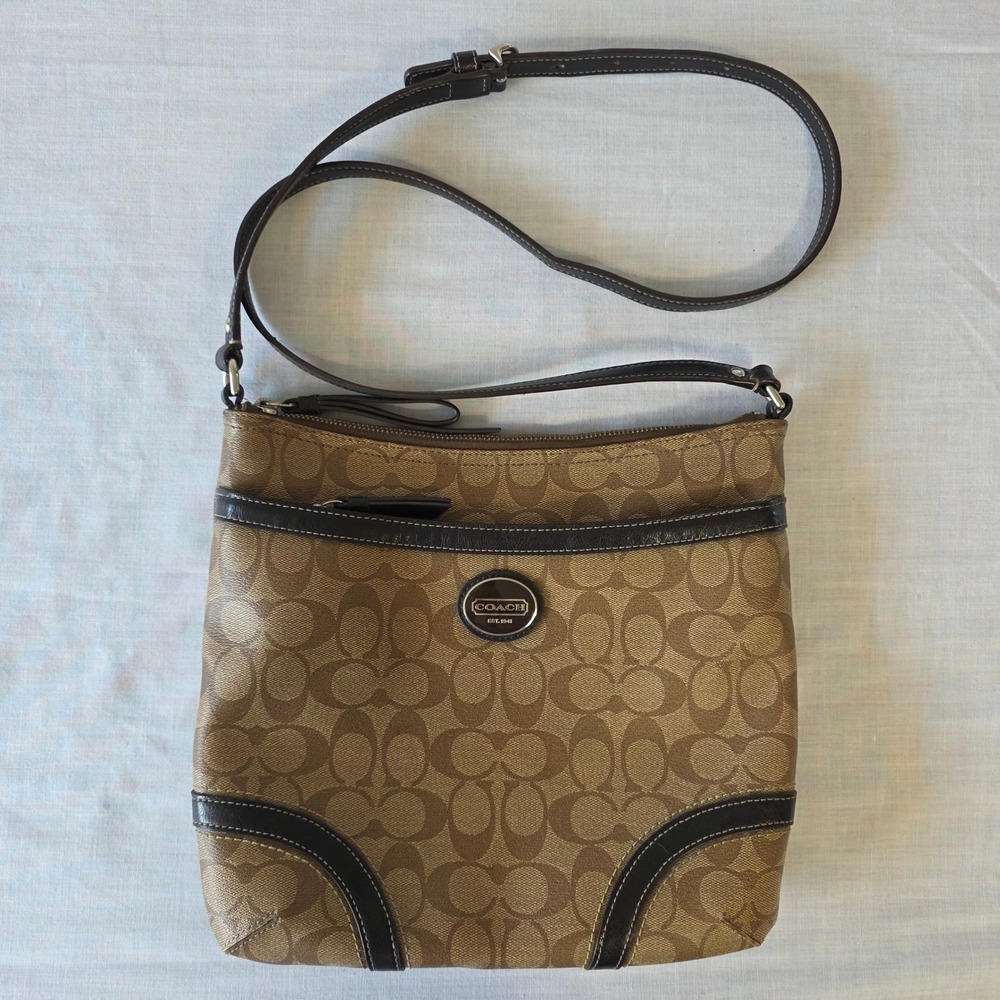 Coach Peyton Crossbody File Bag Signature F18926 Khaki Brown Monogram Purse‎